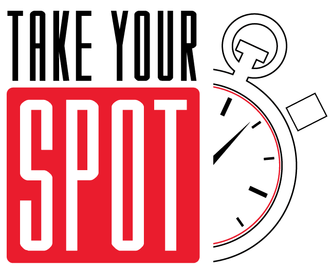 A red and white logo for the spot.